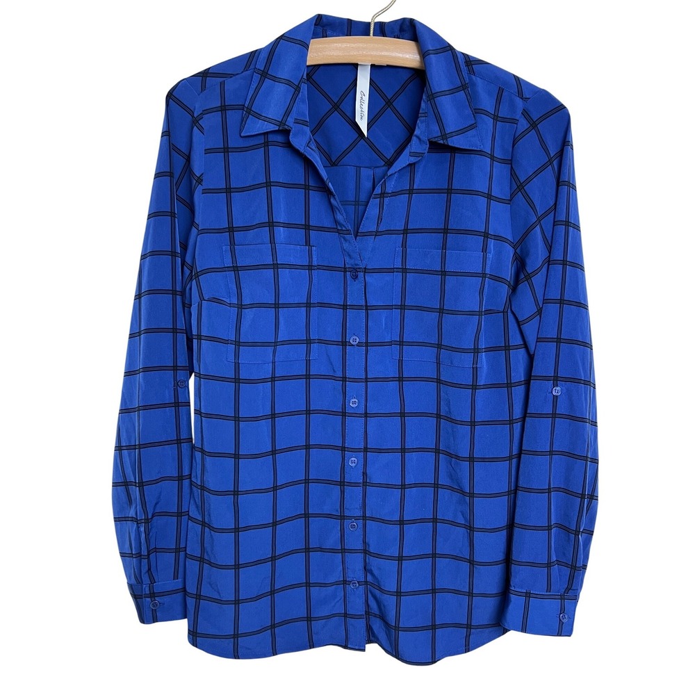 NY Collection Button Up Shirt Womens M Blue Black Windowpane Plaid Roll Tab A33